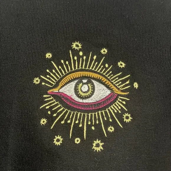 Mischief Made Sweater Womens Small Eye Embroidered Knit Pullover Boho Unique - Picture 2 of 14